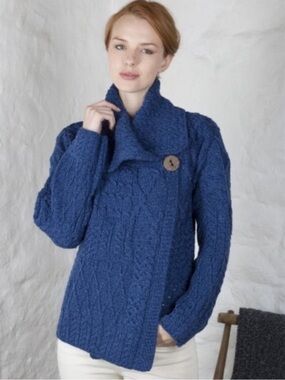 Carraig Donn Women Sweater Large Blue Cable Knit Button Cardigan Notre Dame Wool